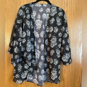 Kimono Cardigan, Sheer Black with Floral Print, Size Medium